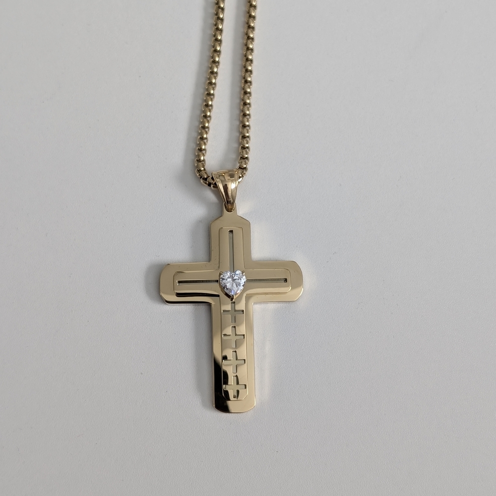 Gold Cross Pendant Necklace with Heart Accent - Picture 2 of 2